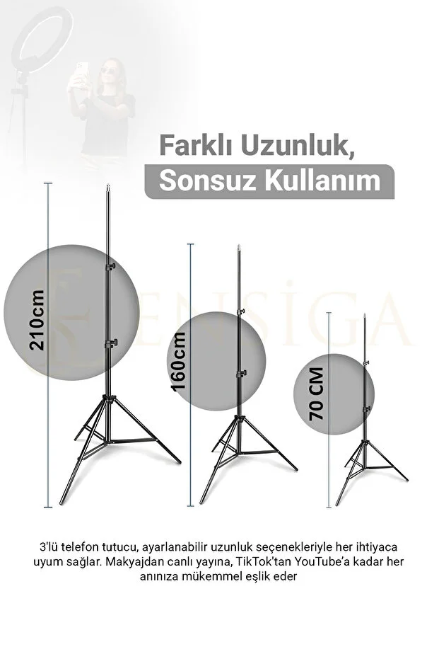 Kumandalı Youtuber Tiktok Çekim Işıklı Telefon Tutucu Makyaj Işığı Ring Light 10 Inç + 2.1 M Tripod