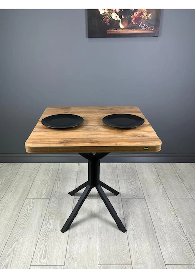 Tepe Ceviz Mutfak Yemek Masası Balkon Masası Kavisli Köşe Siyah Ayak 70 Cm