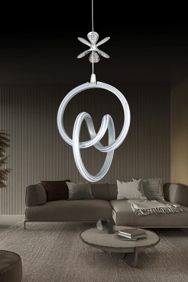 Yaren Gri Uzaktan Kumandalı 3 Renk Ledli Özel Tasarım Krom Çizgili Krom Kelebek Dekor Detaylı Sarkık Ledli Avize Kumandalı Avize Dimmerli Avize