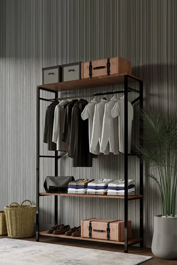 Metal Masif Ahşap Desenli Yonga Levha Açık Giyinme Dolabı