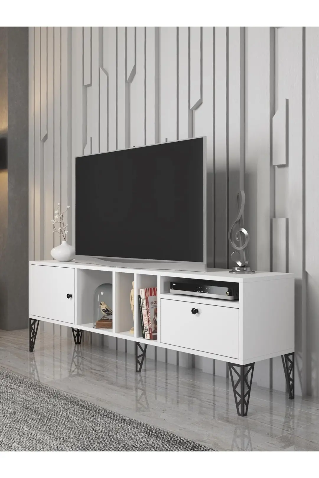 Cercei 160 Cm Metal Ayaklı Tv Ünitesi - Beyaz / Siyah Cercei 160 Cm Metal Ayaklı Tv Ünitesi - Beyaz / Siyah