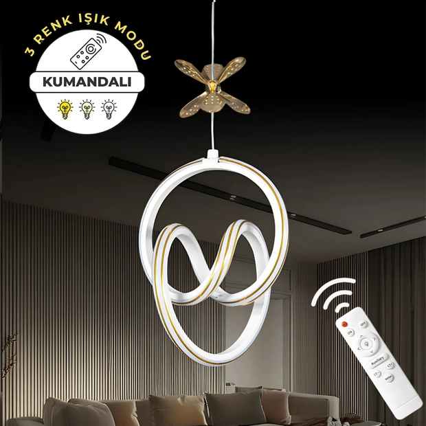 Yaren Beyaz Kumandalı 3 Renk LED Gold Çizgili Gold Kelebek Dekorlu Sarkıt Avize Yaren Beyaz Kumandalı 3 Renk LED Gold Çizgili Gold Kelebek Dekorlu Sarkıt Avize