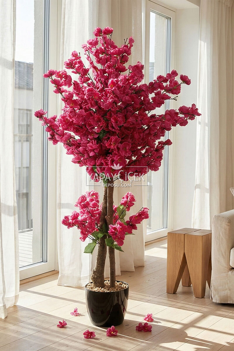 Saksıda Yapay 2 Gövdeli Bahar Dalı Ağacı 100 cm Mor
