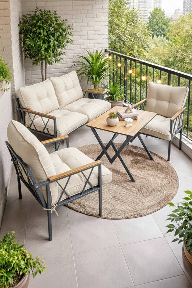 Miray 211 Masalı Krem Fermuarlı Bahçe Balkon Takımı, Salon, Teras- Berjer Düğmeli Metal Çay Seti