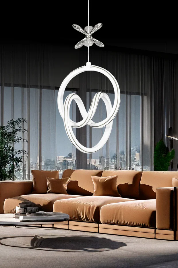 Yaren Beyaz Uzaktan Kumandalı 3 Renk Ledli Özel Tasarım Krom Çizgili Krom Kelebek Dekor Detaylı Sarkık Ledli Avize Kumandalı Avize Dimmerli Avize