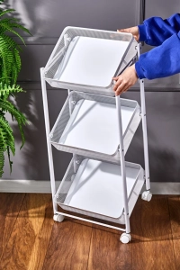 Cornella 3 Katlı Katlanır Beyaz Renk Metal Çok Amaçlı Organizer Tekerlekli Düzenleyici Dikdörtgen Sepet