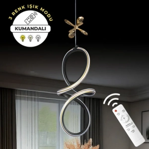 Badem Siyah Gold Çizgili 3 Renk Kumandalı Dimmerli Kelebek Detaylı Sarkıt Led Avize