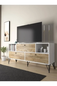 Mia 160 Cm Metal Ayaklı Tv Ünitesi - Konsol - Beyaz - Atlantik Çam / Siyah