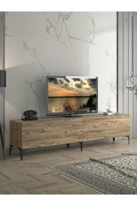 Vega Premium 200 Cm Geniş Dolaplı Metal Ayaklı Tv Ünitesi - Atlantik Çam / Siyah