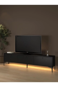Venüs Led Işıklı Dolaplı Minifiksli 180 Cm Geniş Tv Ünitesi - Tv Sehpası - Wood Siyah