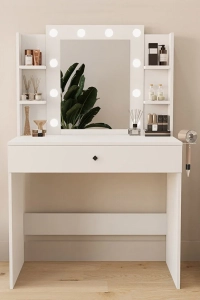 Hollywood Işıklı Aynalı Kulis Makyaj Masası Takı Düzenleyici Beyaz Patentli Tasarım