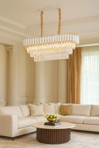 Palmira 75x35 Cm'lik 3 Katlı Prizma Kesim Kristal Taşlı Lüks Avize 6'lı - (Beyaz Gold)