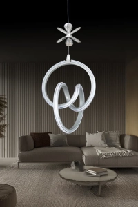 Yaren Gri Uzaktan Kumandalı 3 Renk Ledli Özel Tasarım Krom Çizgili Krom Kelebek Dekor Detaylı Sarkık Ledli Avize Kumandalı Avize Dimmerli Avize