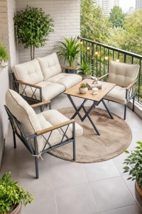 Miray 211 Masalı Krem Fermuarlı Bahçe Balkon Takımı, Salon, Teras- Berjer Düğmeli Metal Çay Seti