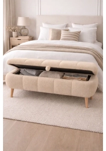 Sara Sandıklı Puf Bench, Teddy Kumaş Kaplamalı Ahşap Ayaklı Modern Bench Puf