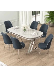 Lai Serisi 90X168 Lak Panel Beyaz Mermer Desen Krom Ayak Masa Takımı 6 Sandalye
