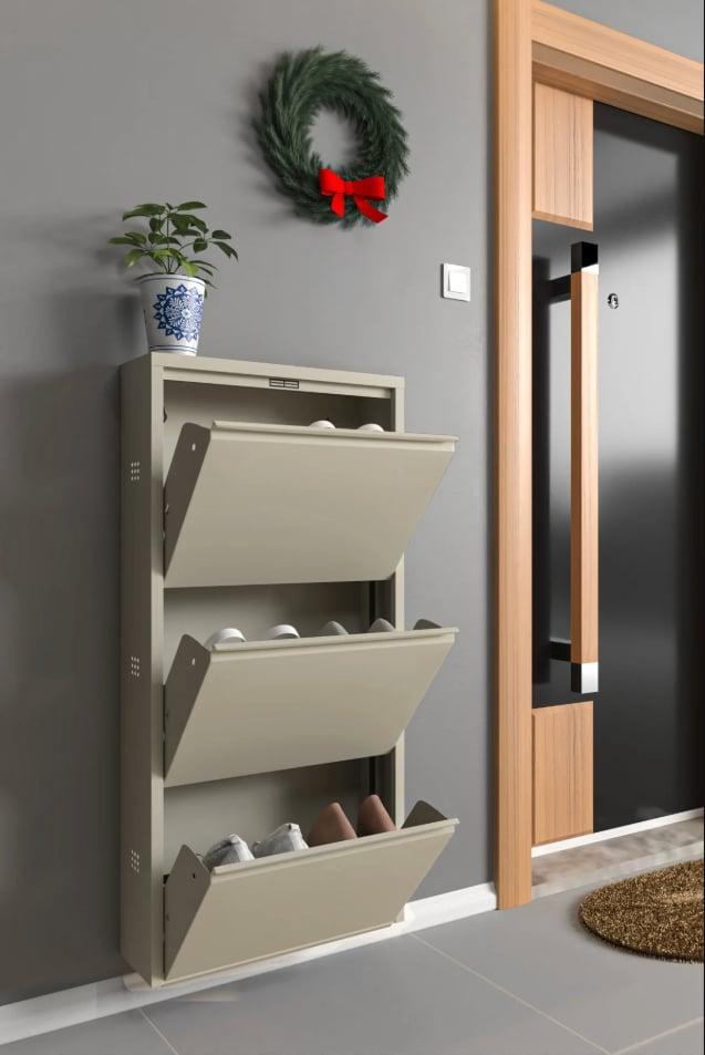 Üçlü Metal Ayakkabılık Bej - Ral 7032 Formood