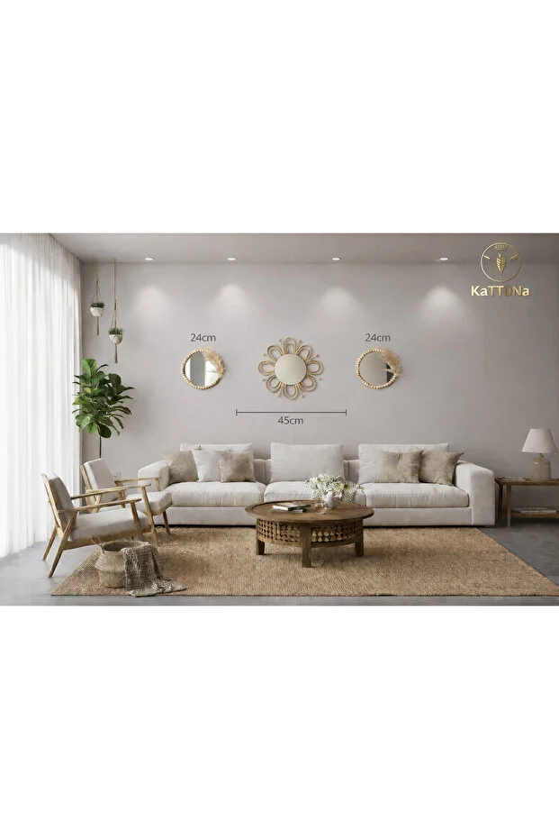 Hasır Örgü Papatya Ve Boncuk Ayna Duvar Dekorasyon Ürünü 3’lü Set